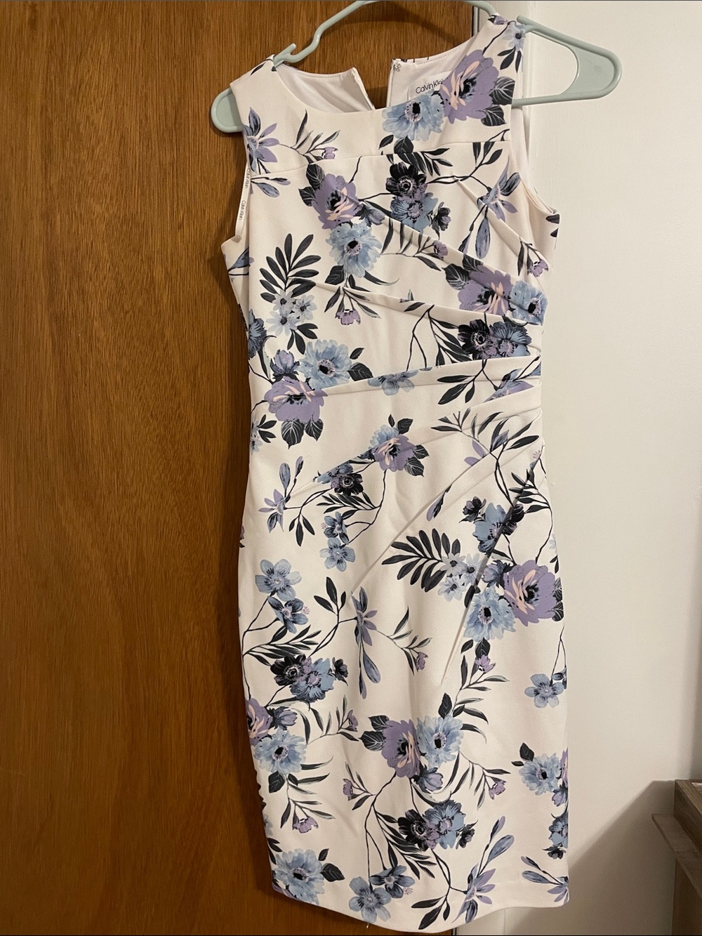 Calvin Klein Floral Sheath Dress in Light Pink with Blue & Purple Blooms